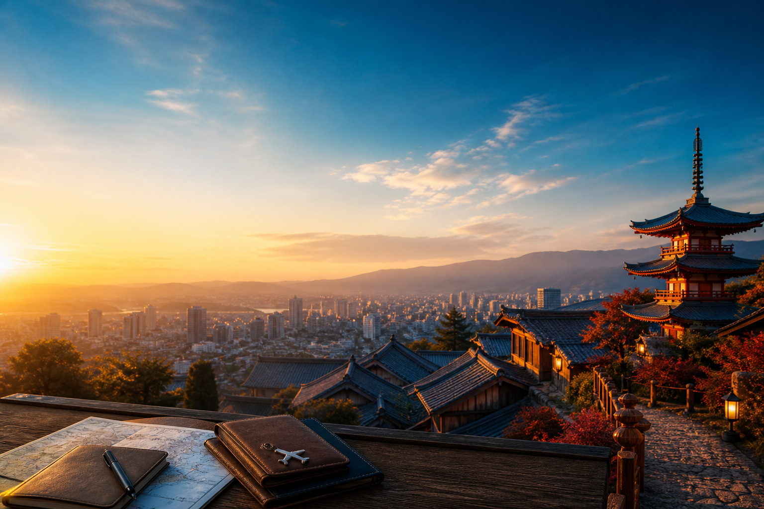Scenario di viaggio in Oriente con skyline, tetti tradizionali e luce dell'alba